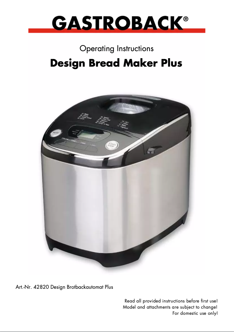 Image de la première page du manuel de l'appareil Design Bread Maker Plus 42820