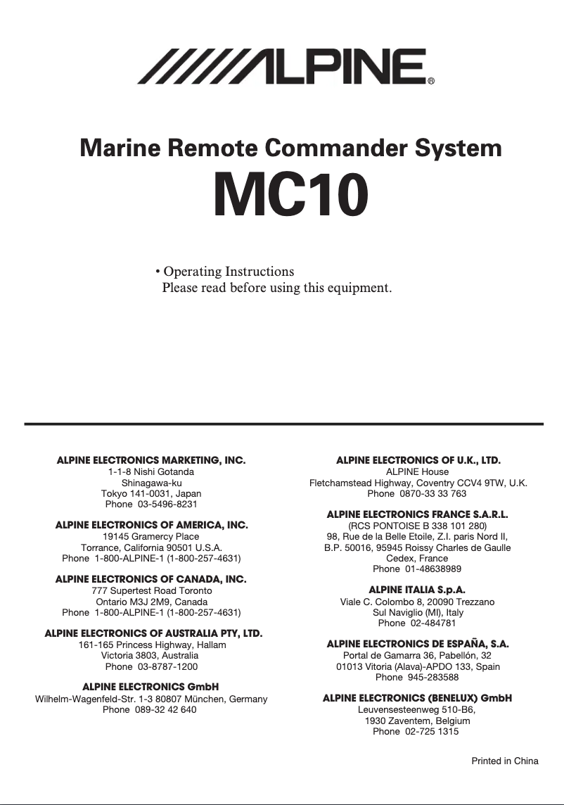 Page n°1 - Manuel utilisateur Alpine MC-10