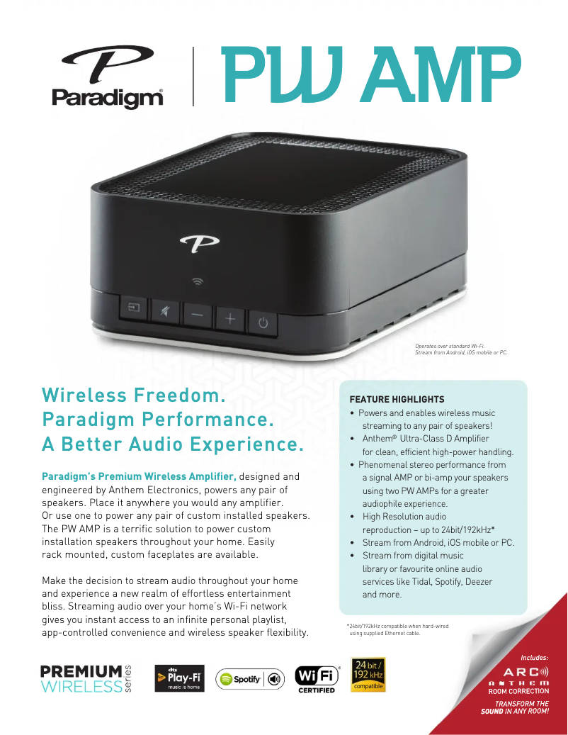 Page 1 de la notice Fiche technique Paradigm PW AMP
