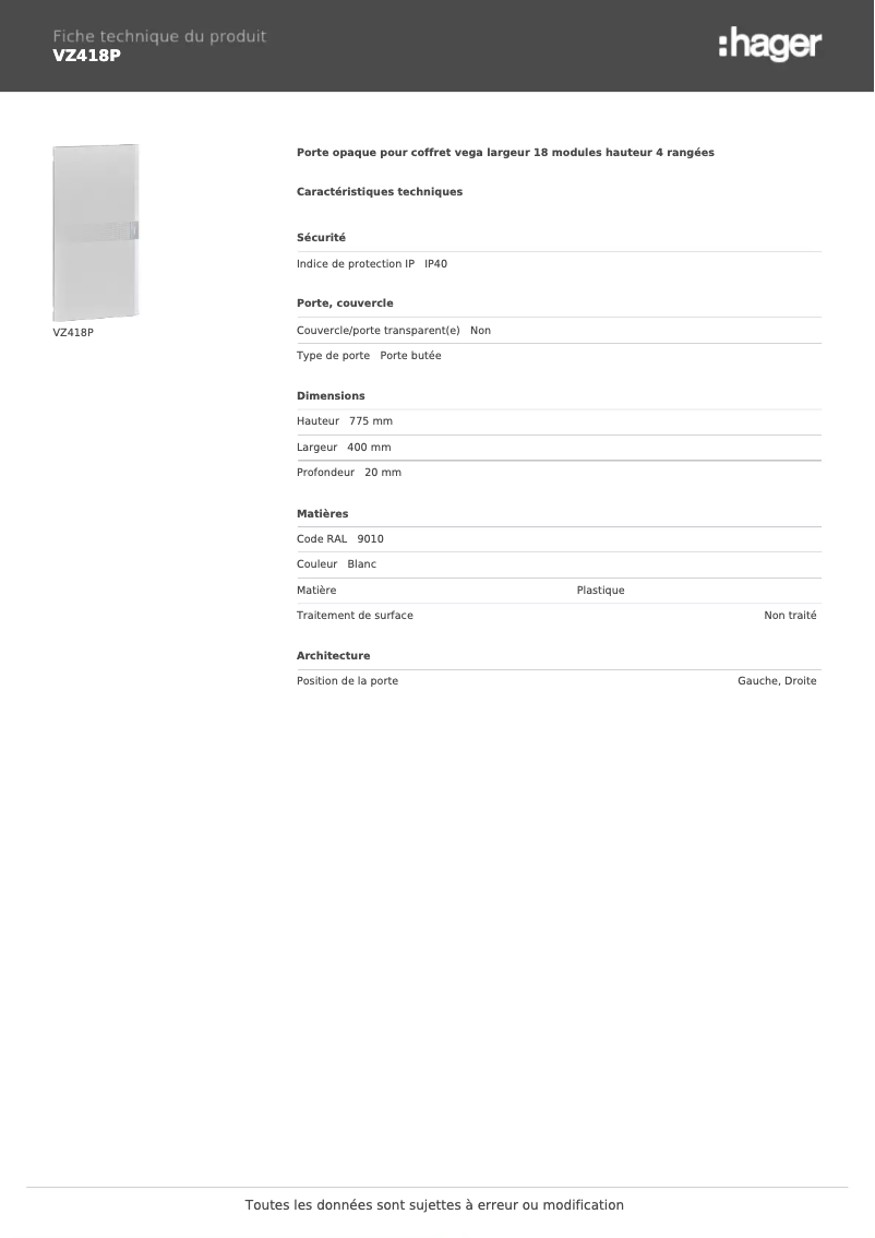 Page 1 de la notice Fiche technique Hager VZ418P