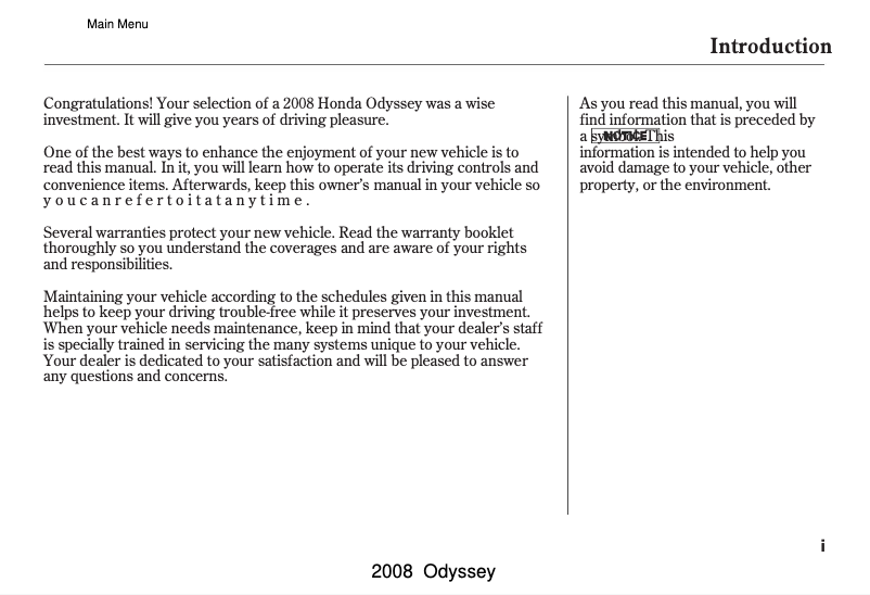 Page 1 de la notice Manuel utilisateur Honda Odyssey (2008)