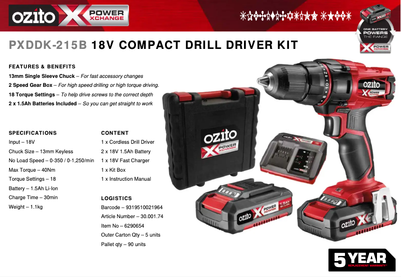 Page 1 de la notice Fiche technique Ozito PXDDK-215B