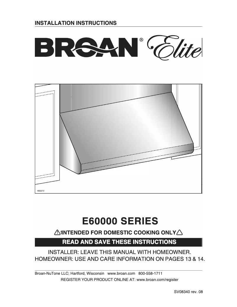 Page 1 de la notice Guide d'installation Broan E60E30S