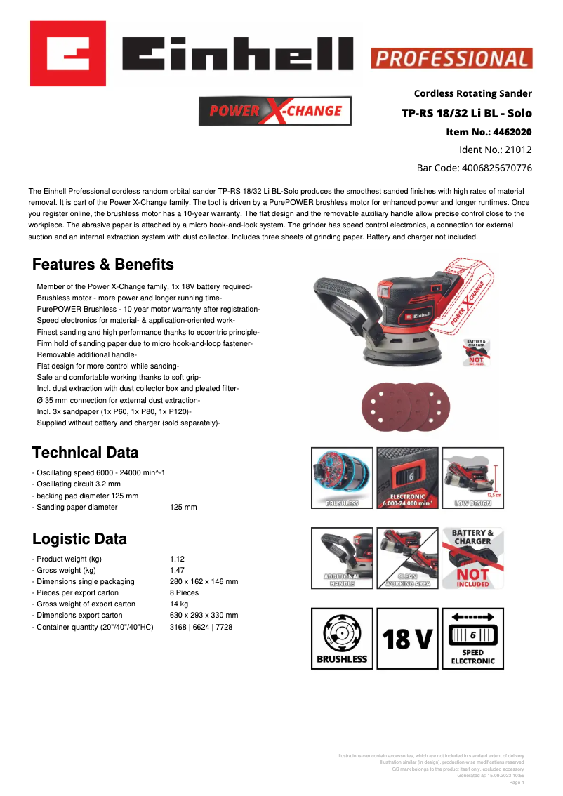 Page 1 de la notice Fiche technique Einhell TP-RS 18/32 Li BL