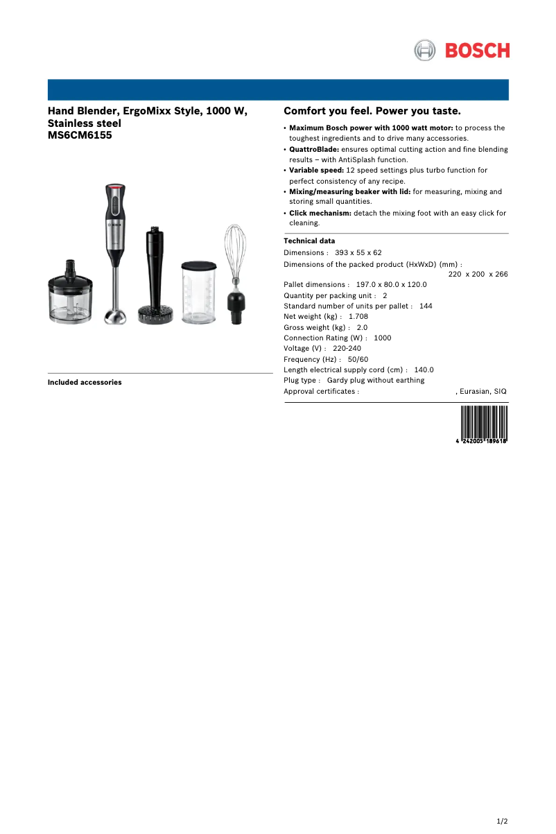 Page 1 de la notice Fiche technique Bosch ErgoMixx MS6CM6155