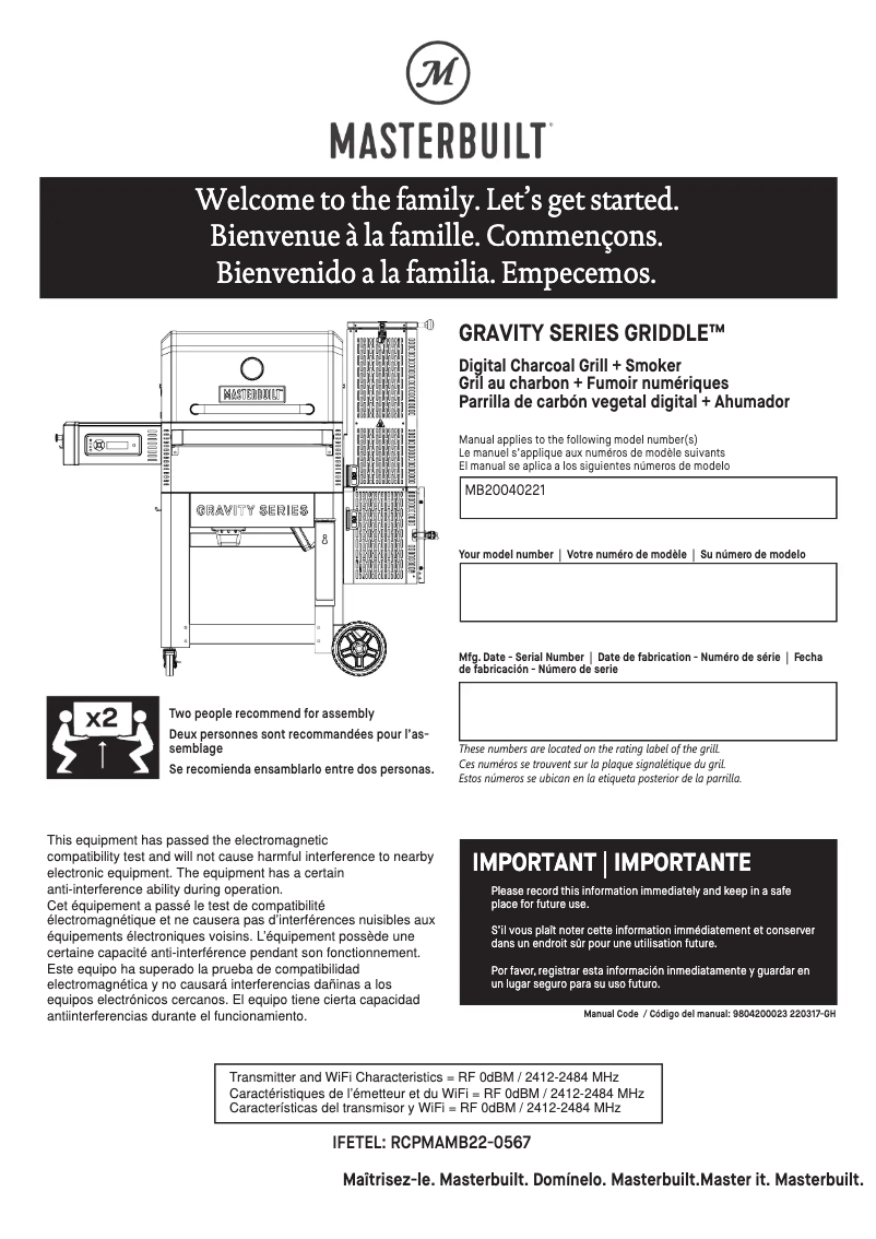 Page n°1 - Manuel utilisateur Masterbuilt MB20040221