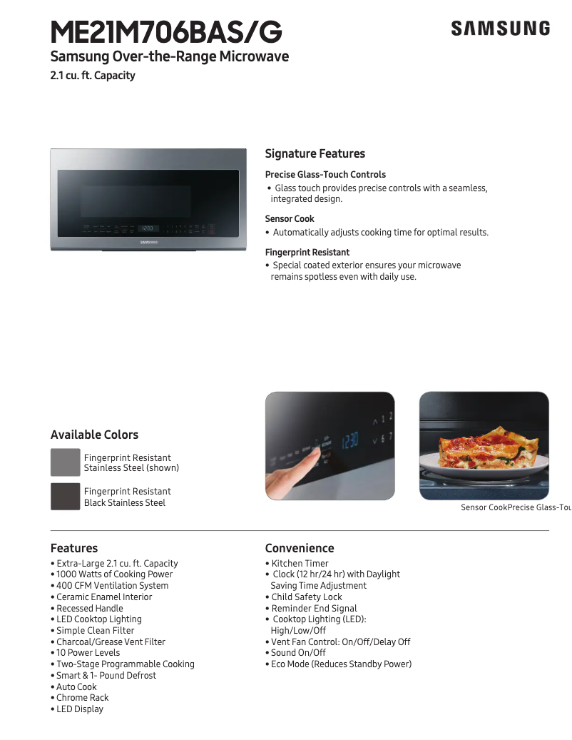 Página 1 del manual Ficha técnica Samsung ME21M706BAS