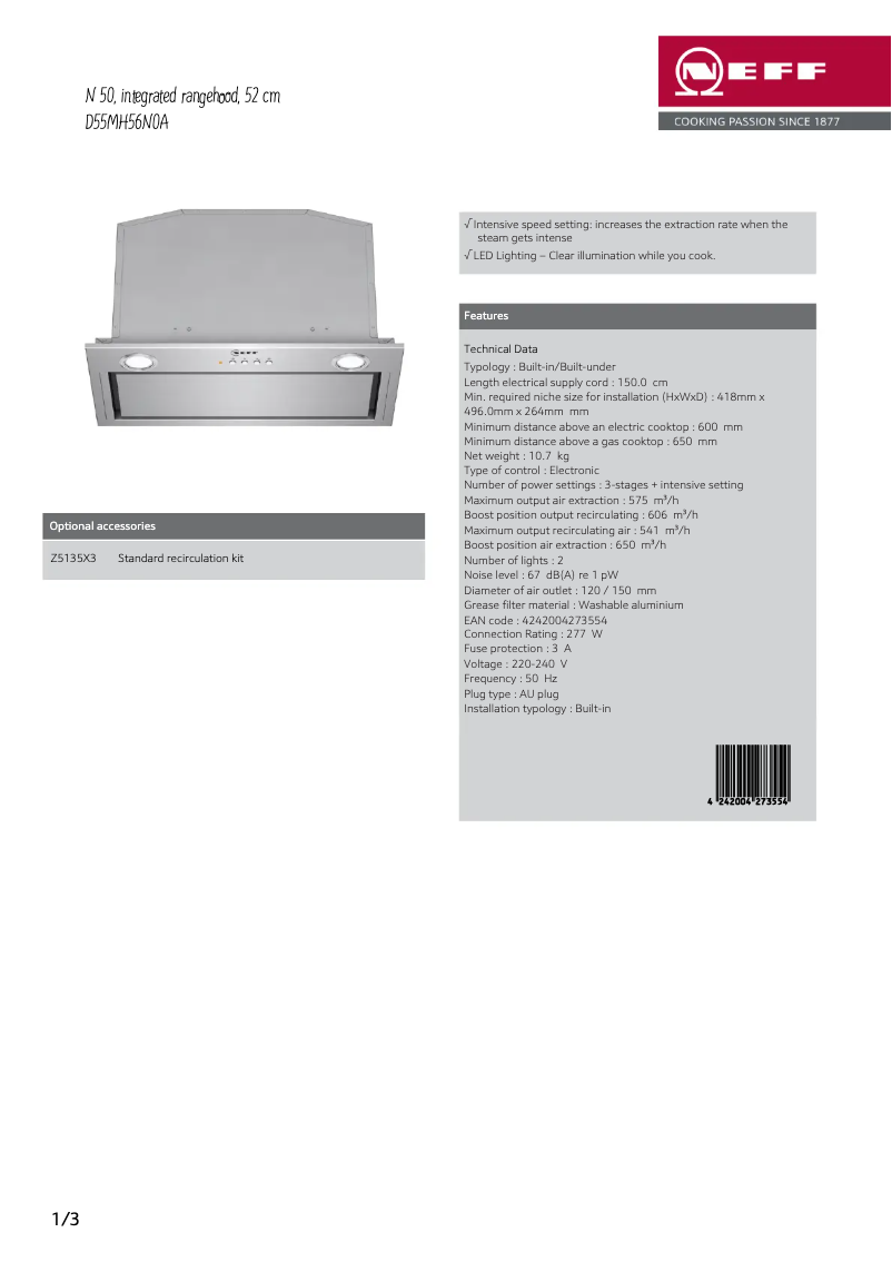 Page 1 de la notice Fiche technique Neff D55MH56N0A