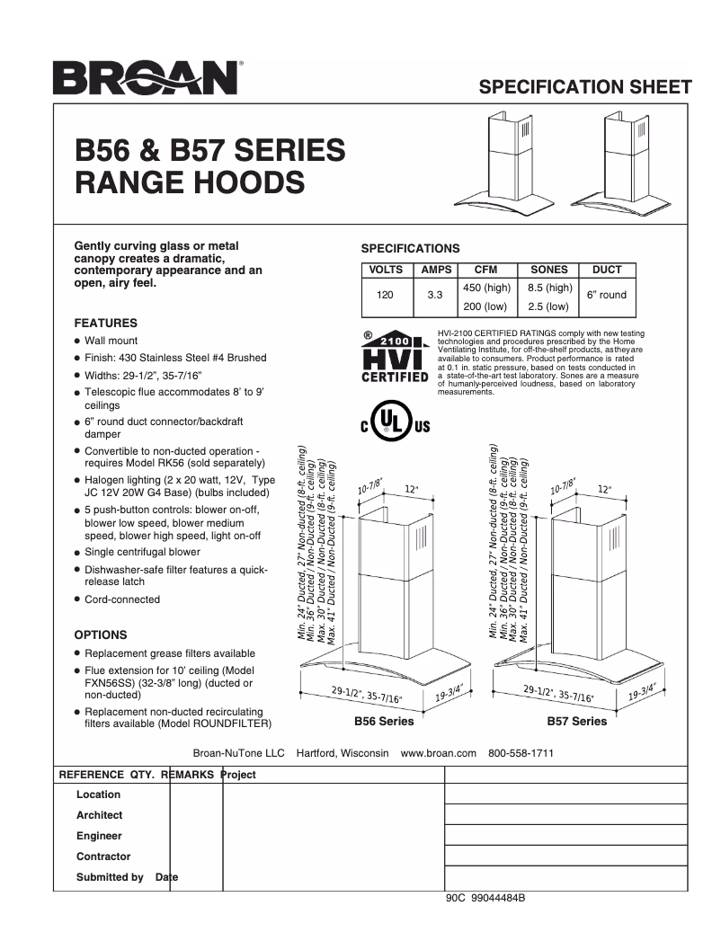 Page 1 de la notice Fiche technique Broan B57