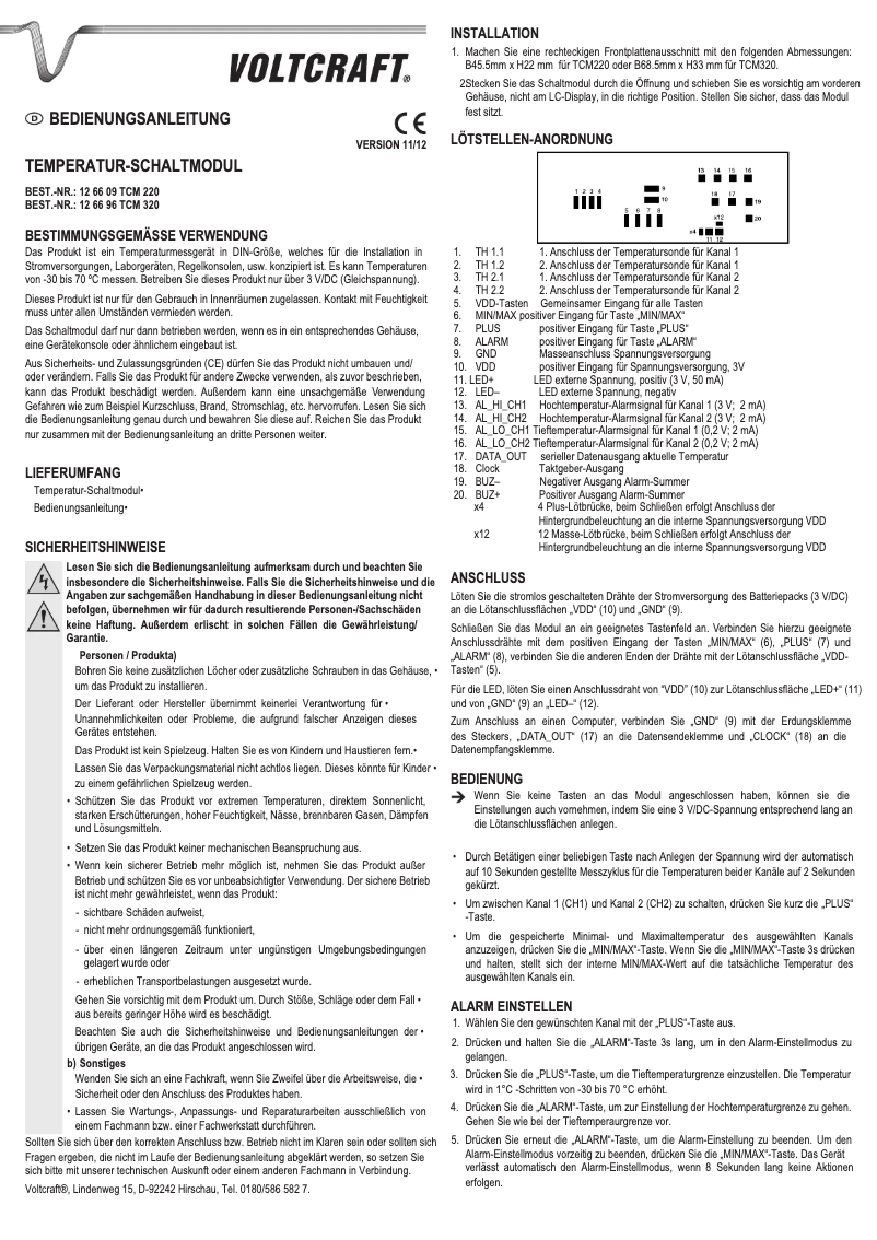 Page 1 de la notice Manuel utilisateur Voltcraft TCM 220