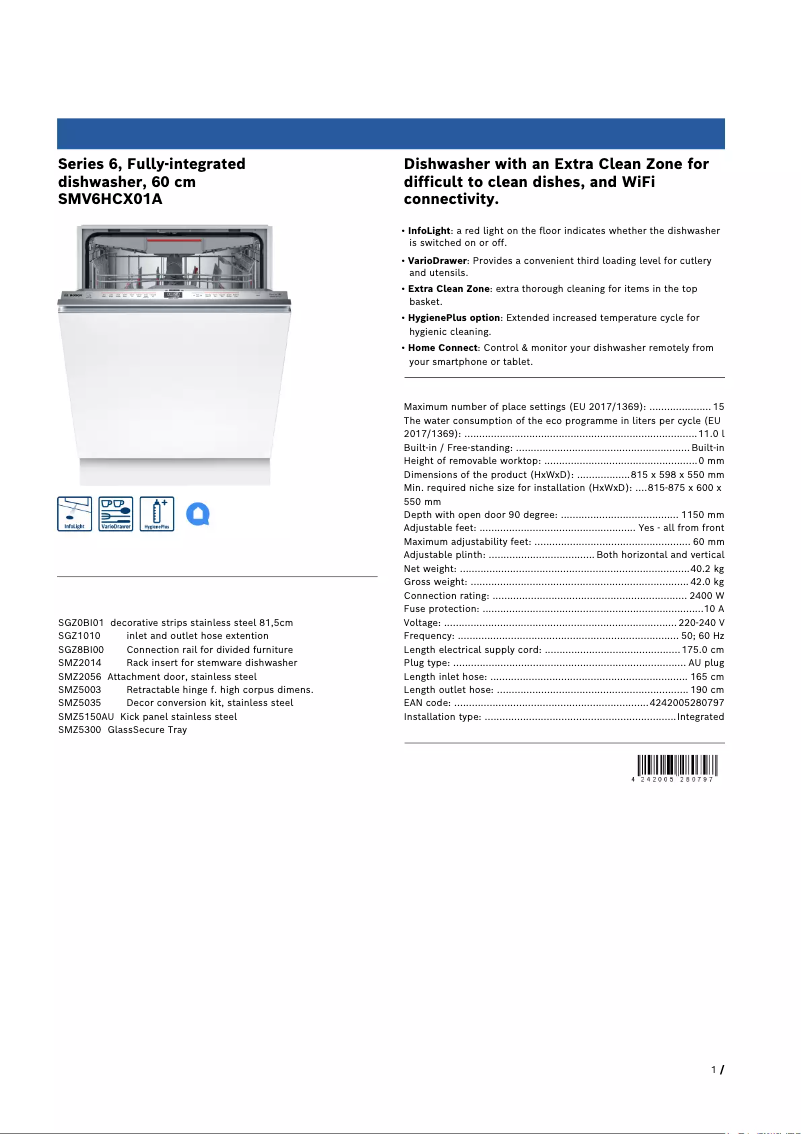Page n°1 - Fiche technique Bosch SMV6HCX01A