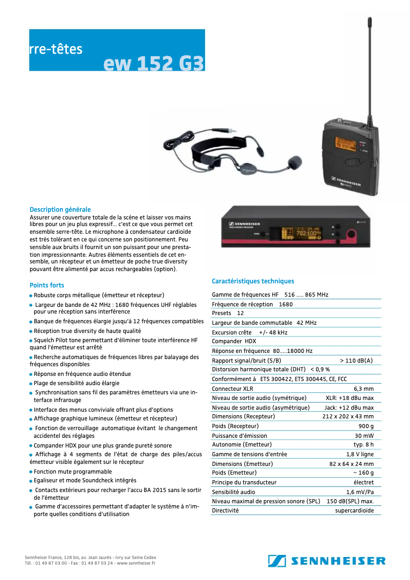 Page 1 de la notice Fiche technique Sennheiser EW 152 G3