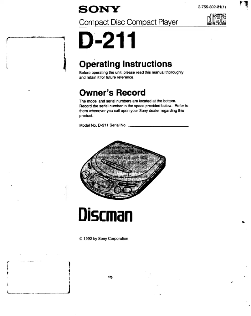 Page 1 de la notice Manuel utilisateur Sony Discman D-211