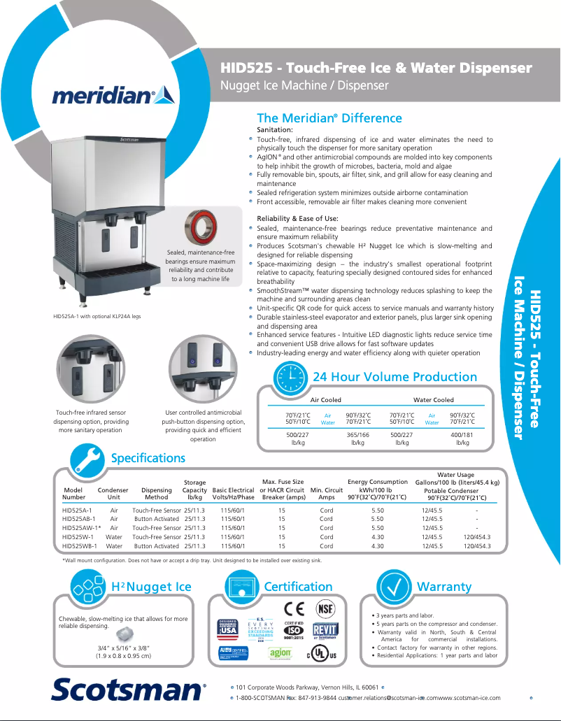 Page 1 de la notice Fiche technique Scotsman HID525A-1A