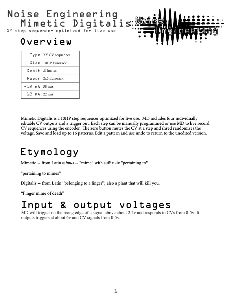 Page 1 de la notice Manuel utilisateur Noise Engineering Mimetic Digitalis