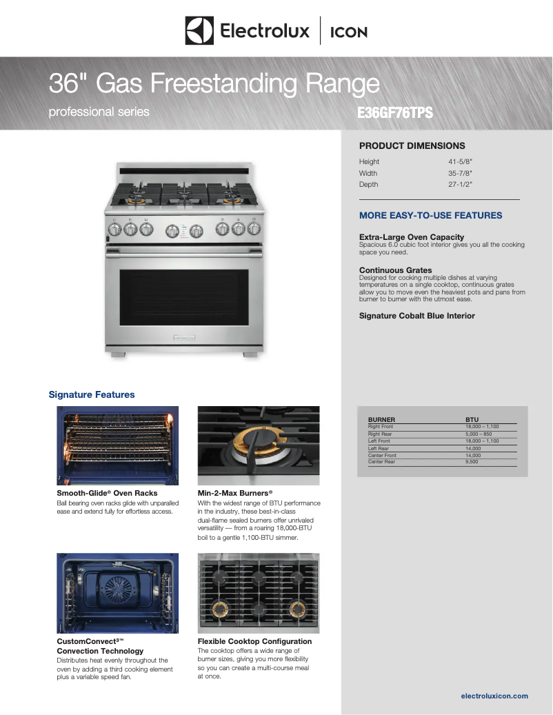 Page 1 de la notice Fiche technique Electrolux ICON E36GF76TPS