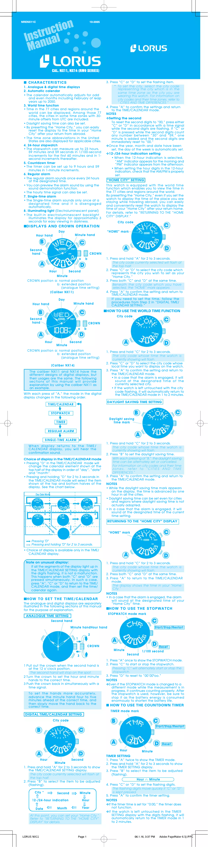 Page 1 de la notice Manuel utilisateur Lorus NX14