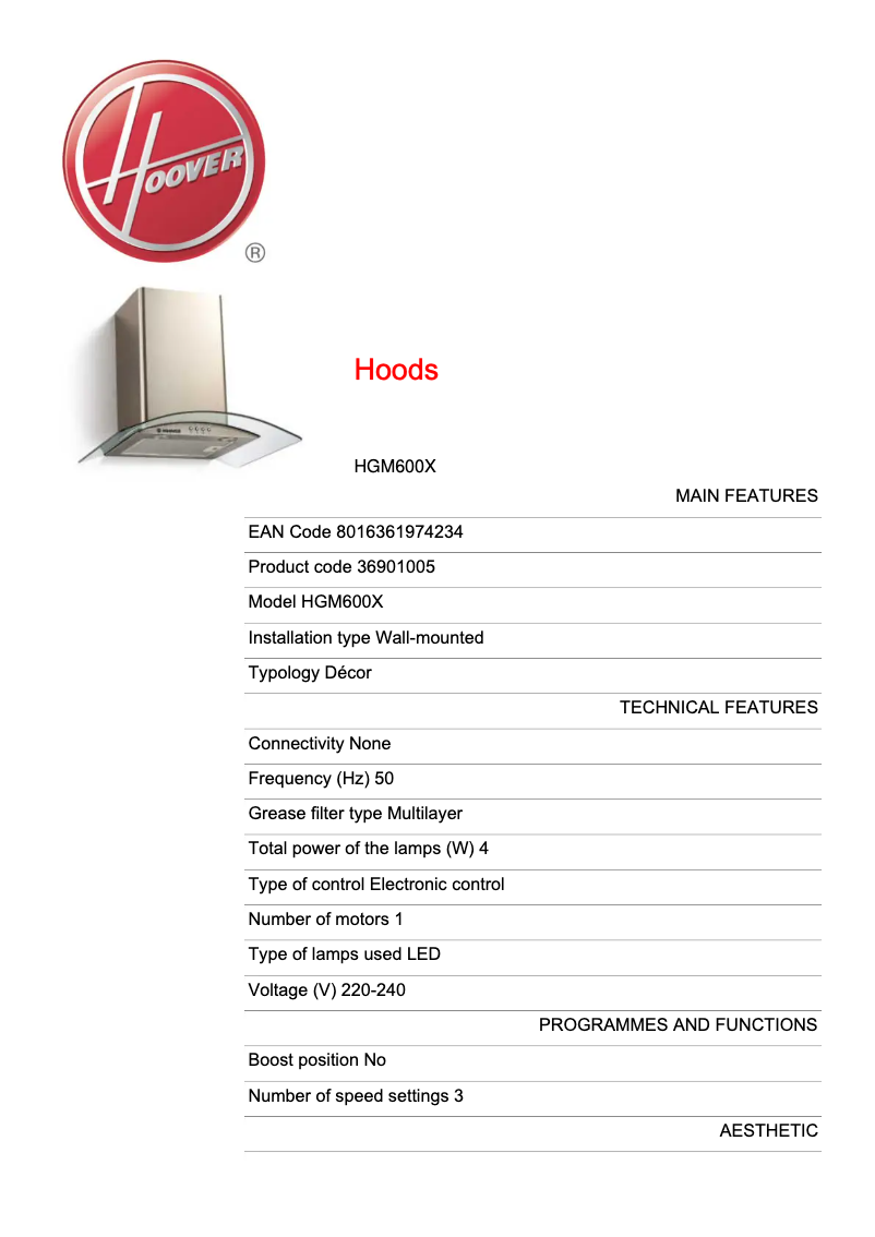 Page n°1 - Fiche technique Hoover HGM600X