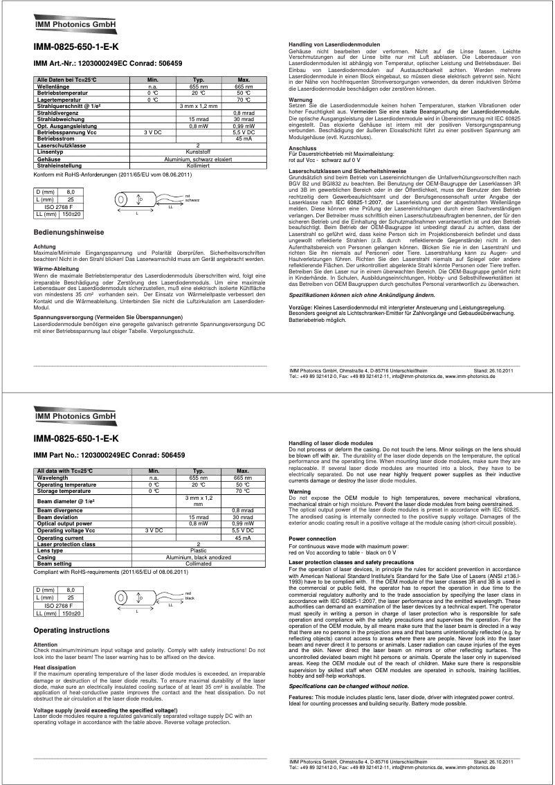 Page 1 de la notice Manuel utilisateur IMM Photonics IMM-0825-650-1-E-K
