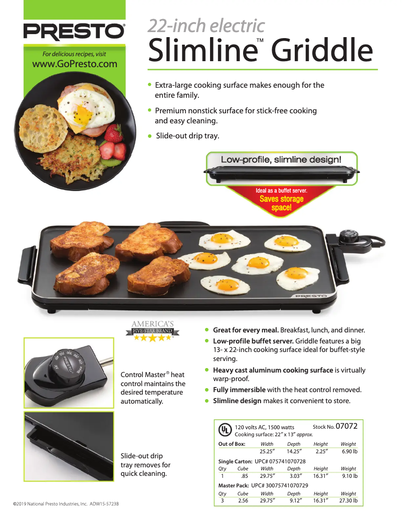 Page n°1 - Fiche technique Presto 22-inch electric Slimline Griddle 07072