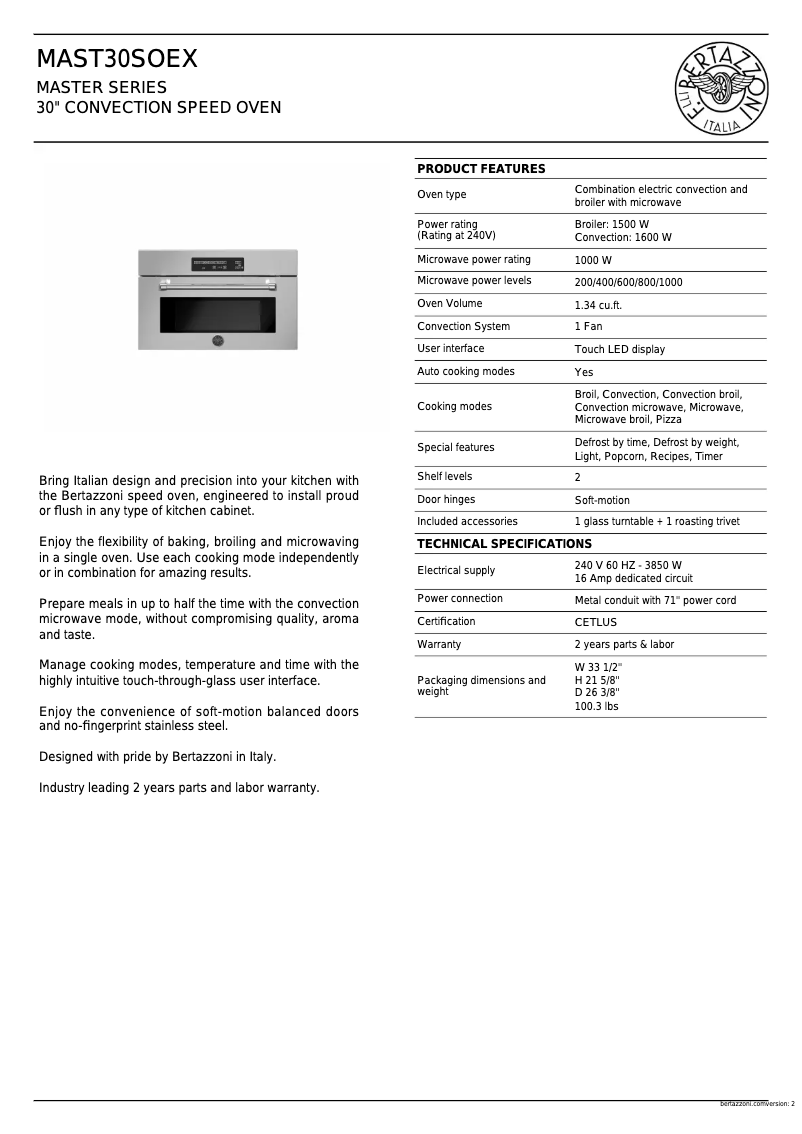 Page 1 de la notice Fiche technique Bertazzoni MAST30SOEX