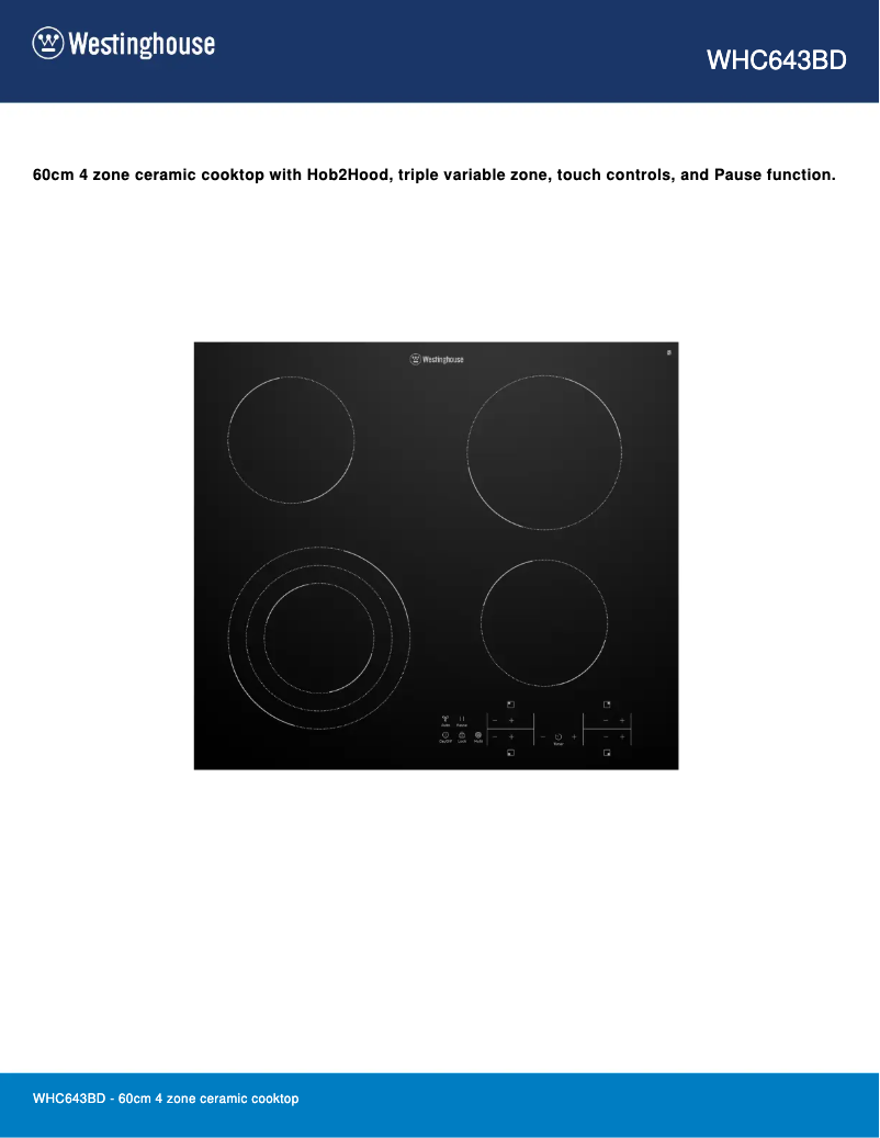 Page 1 de la notice Fiche technique Westinghouse WHC643BD