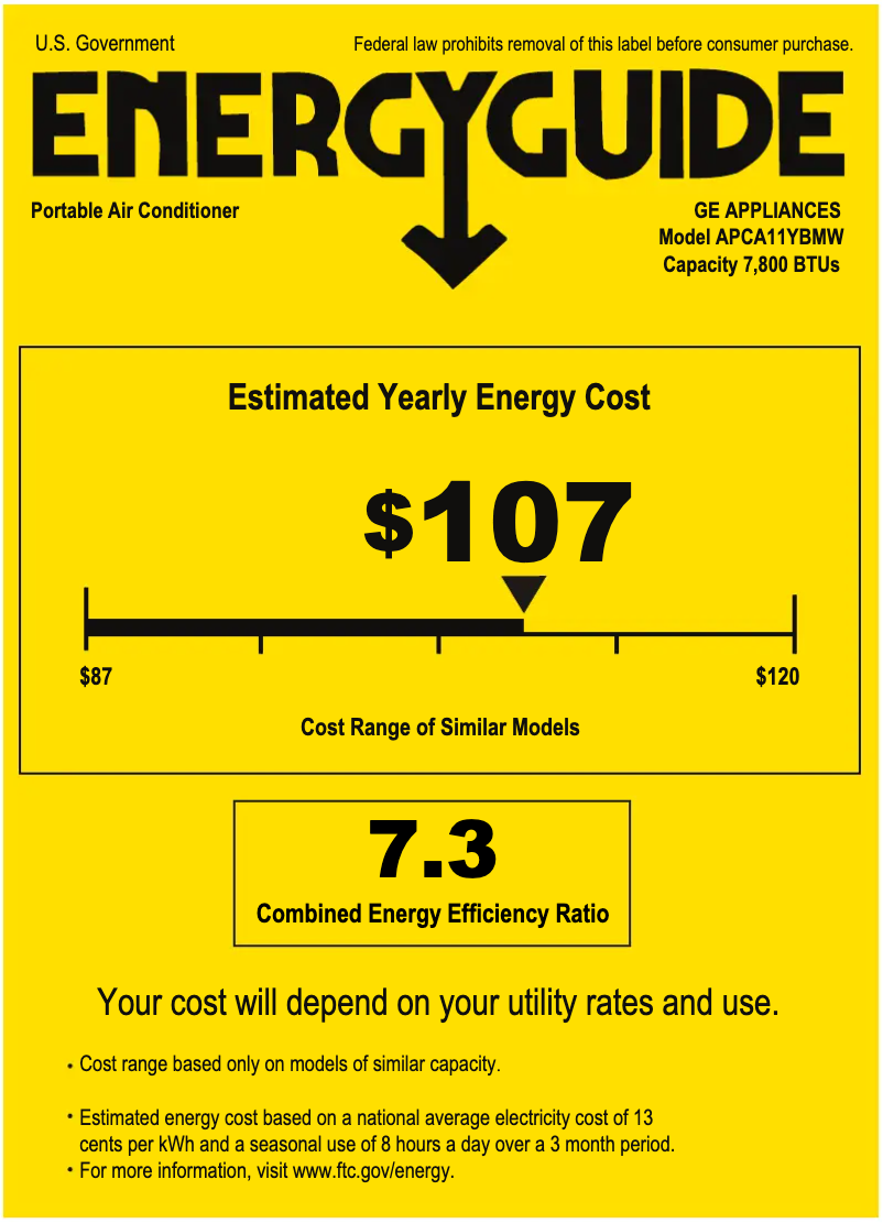 Page 1 de la notice Label énergétique GE APCA11YBMW