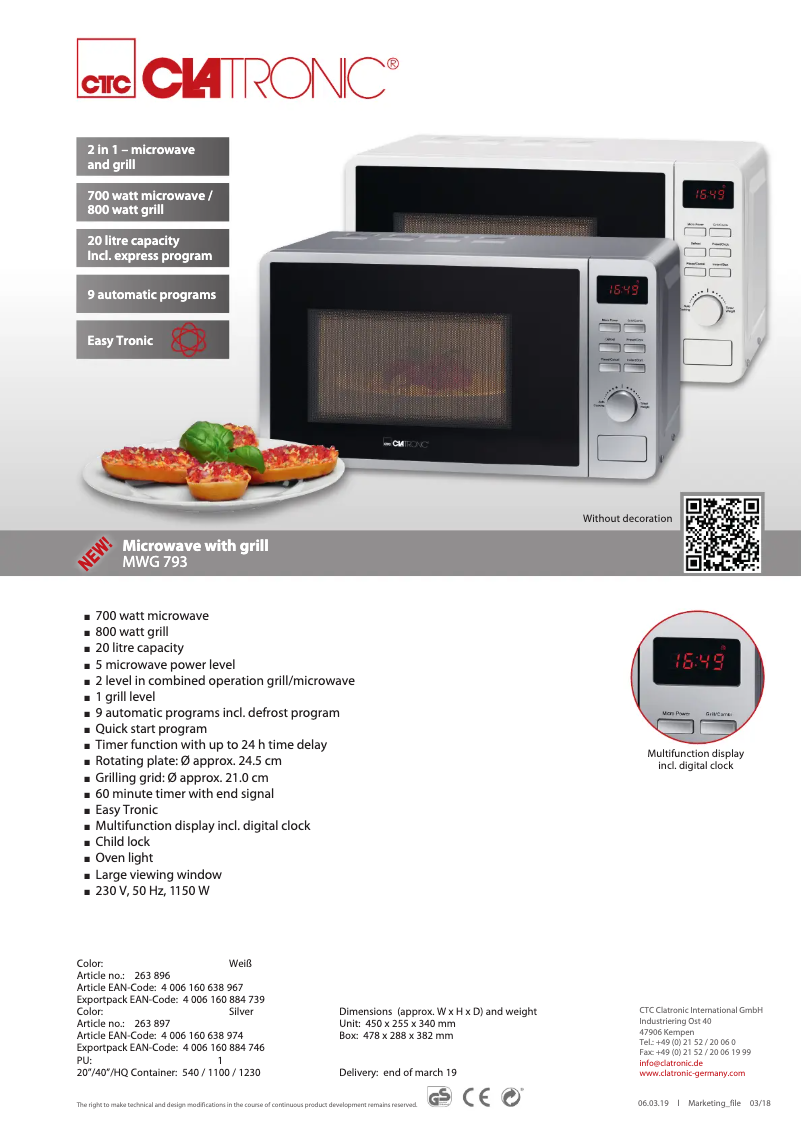 Page 1 de la notice Fiche technique Clatronic MWG 793