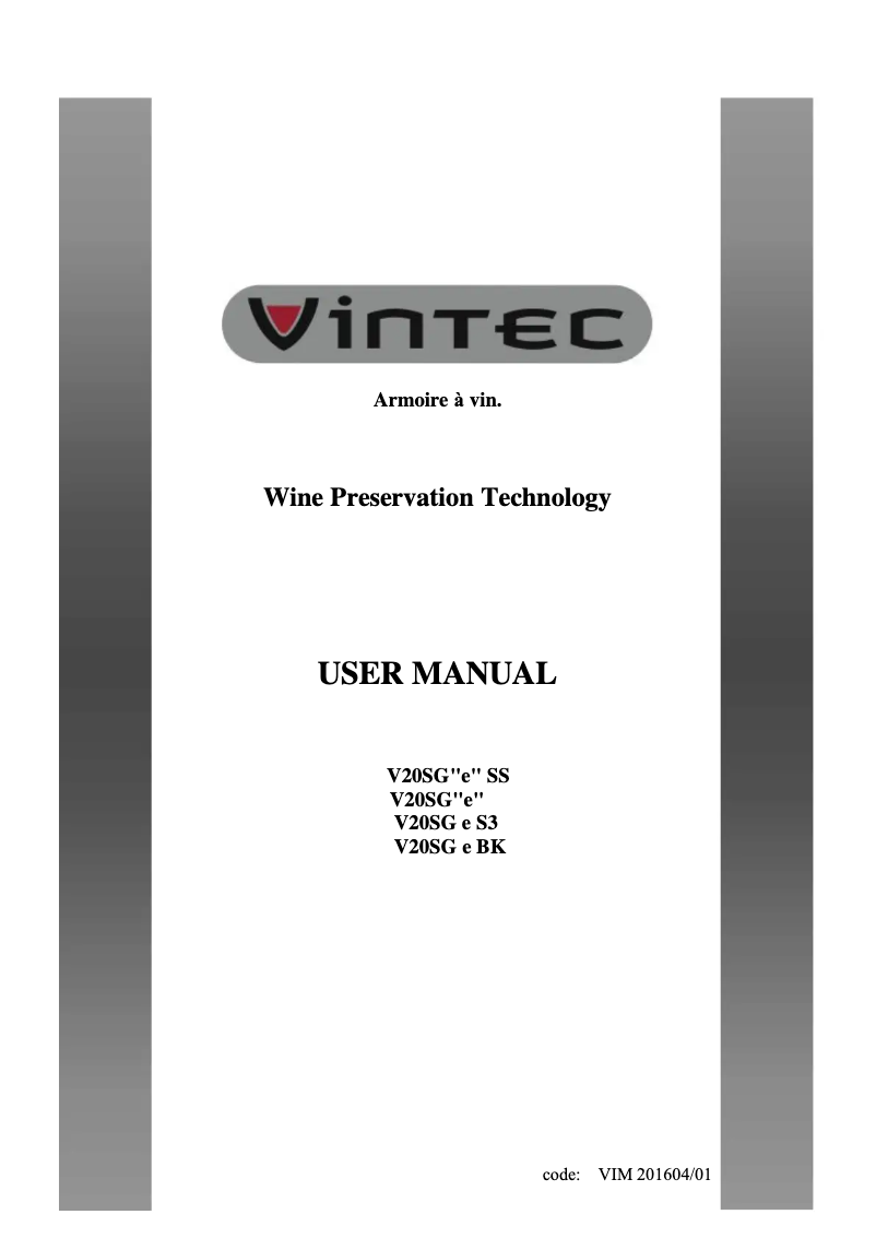 Page 1 de la notice Manuel utilisateur Vintec V20SGEBK