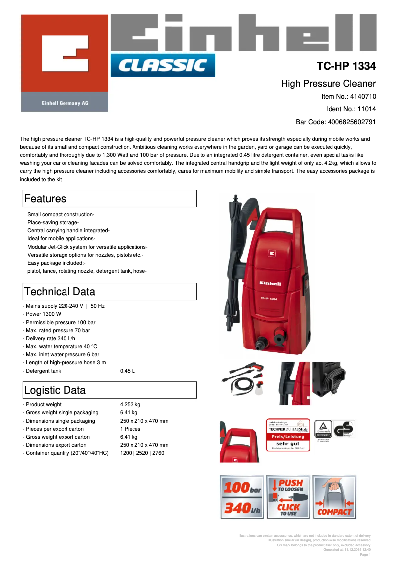 Página 1 del manual Ficha técnica Einhell TC-HP 1334