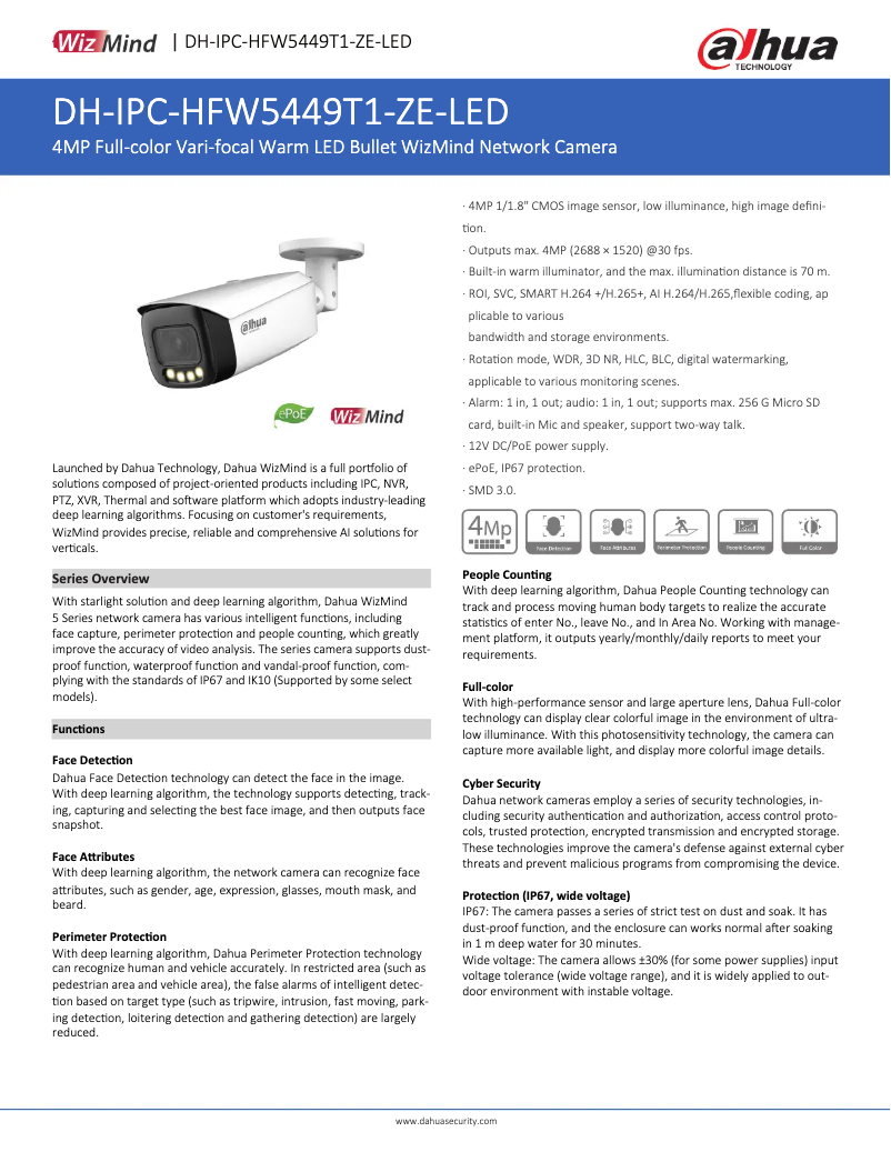 Page n°1 - Fiche technique Dahua Technology IPC-HFW5449T1-ZE-LED