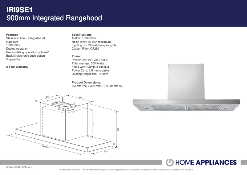 Page 1 de la notice Fiche technique ARC IRI9SE1