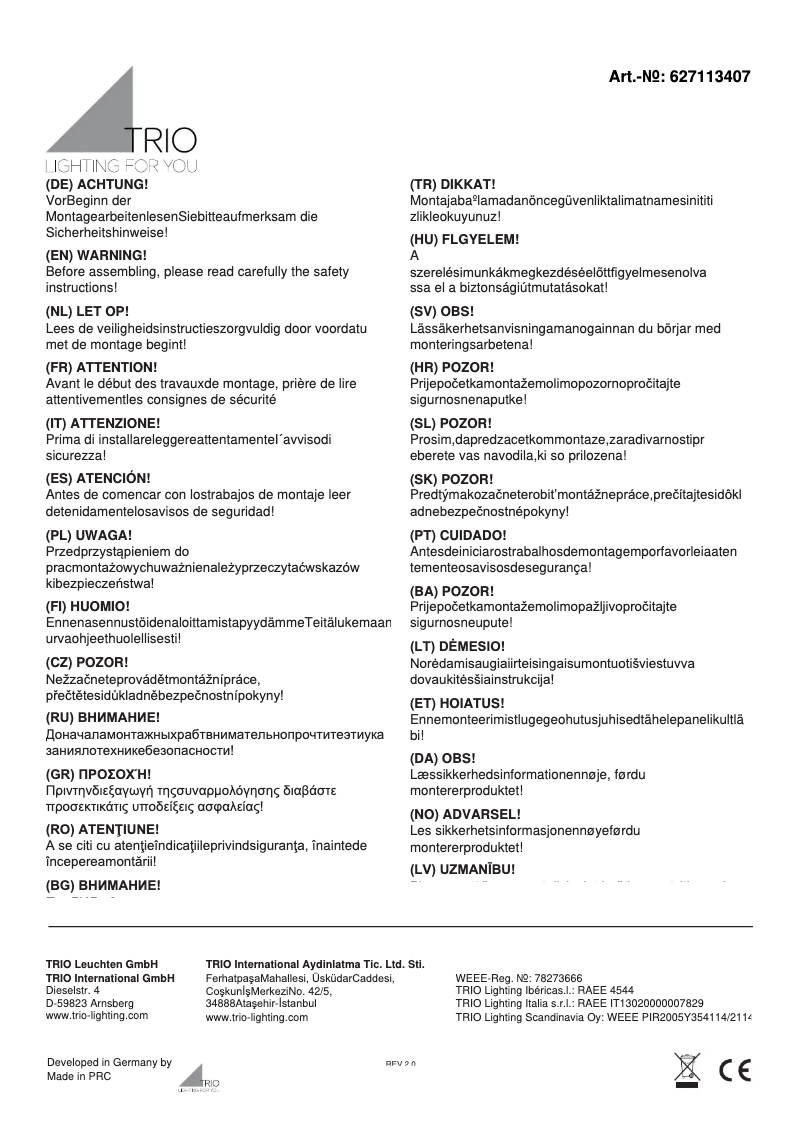 Page 1 de la notice Manuel utilisateur Trio Lighting Salina 627113407