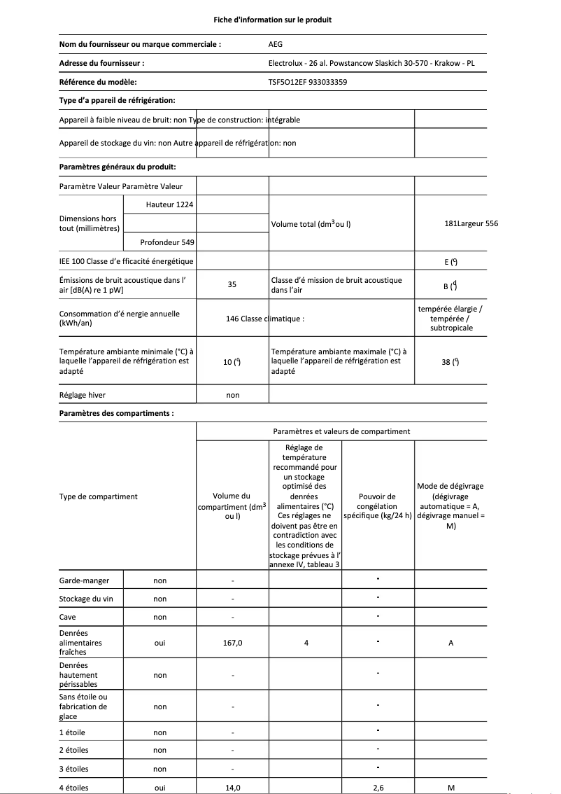 Page 1 de la notice Fiche technique AEG TSF5O12EF