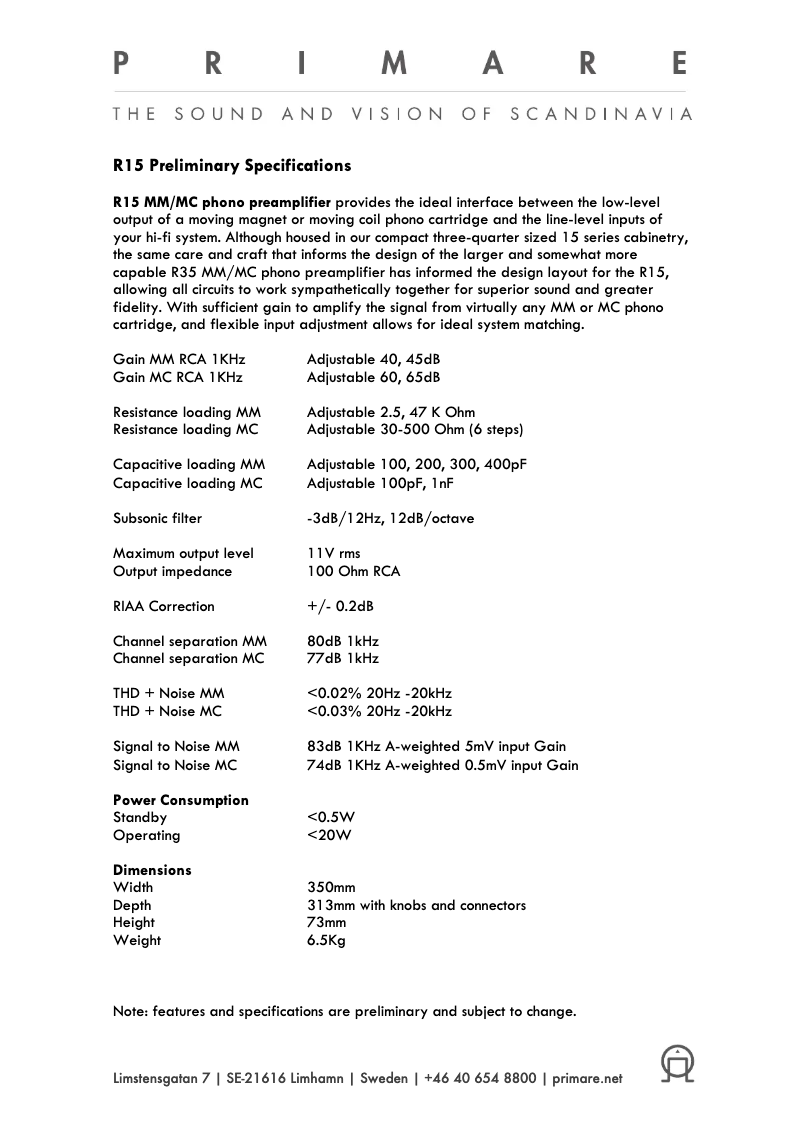Page 1 de la notice Fiche technique Primare R15