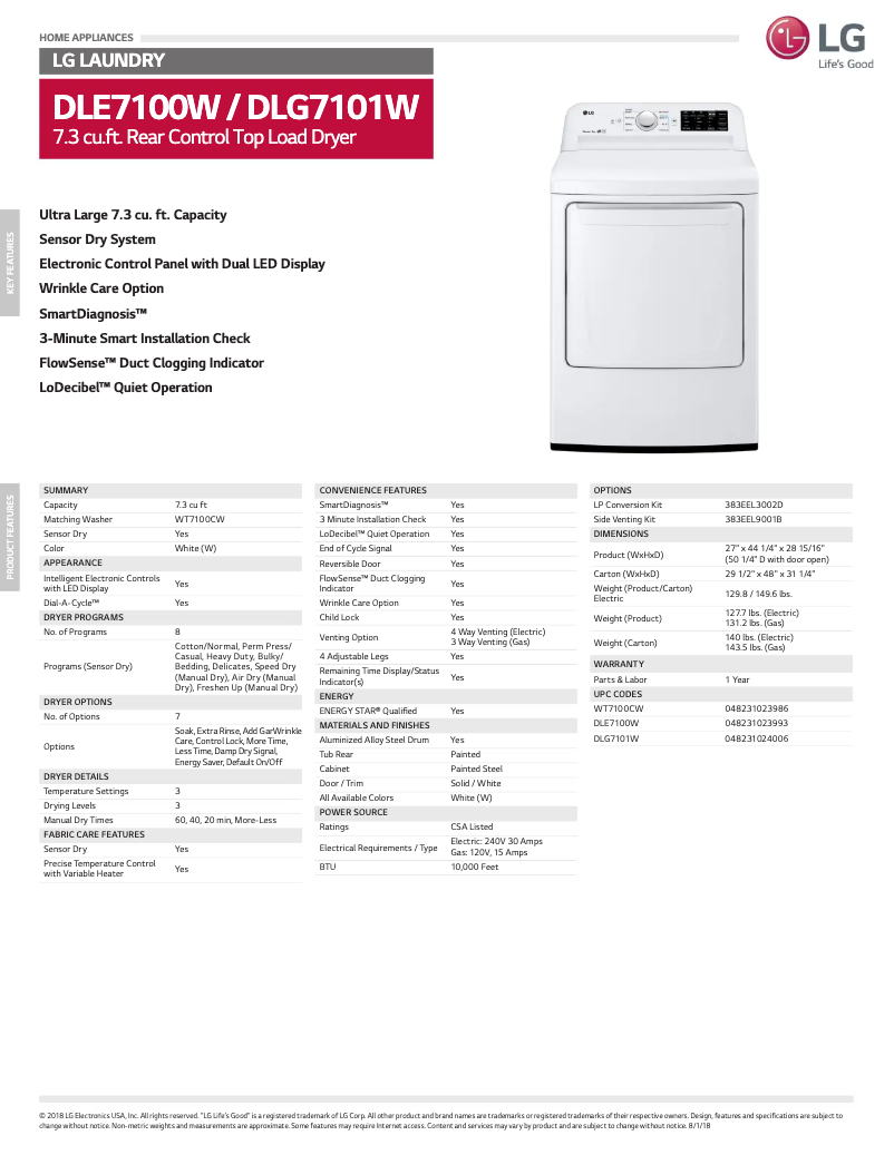 Page 1 de la notice Fiche technique LG D7101W