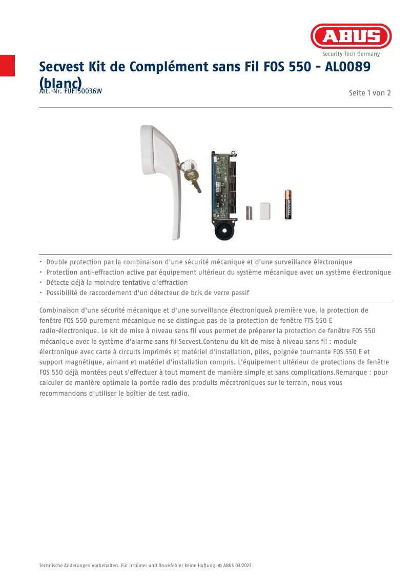 Page n°1 - Fiche technique Abus FUFT50036W