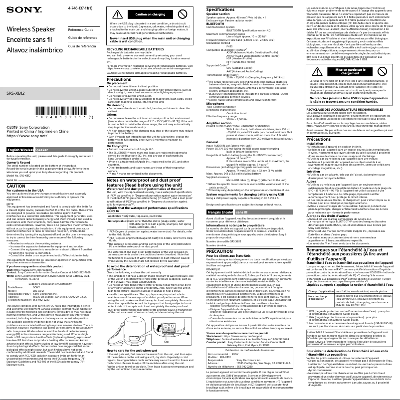 Page n°1 - Manuel utilisateur Sony SRS-XB22