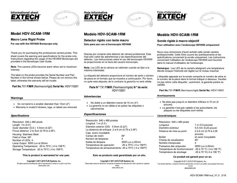 Page 1 de la notice Manuel utilisateur Extech HDV-5CAM-1RM