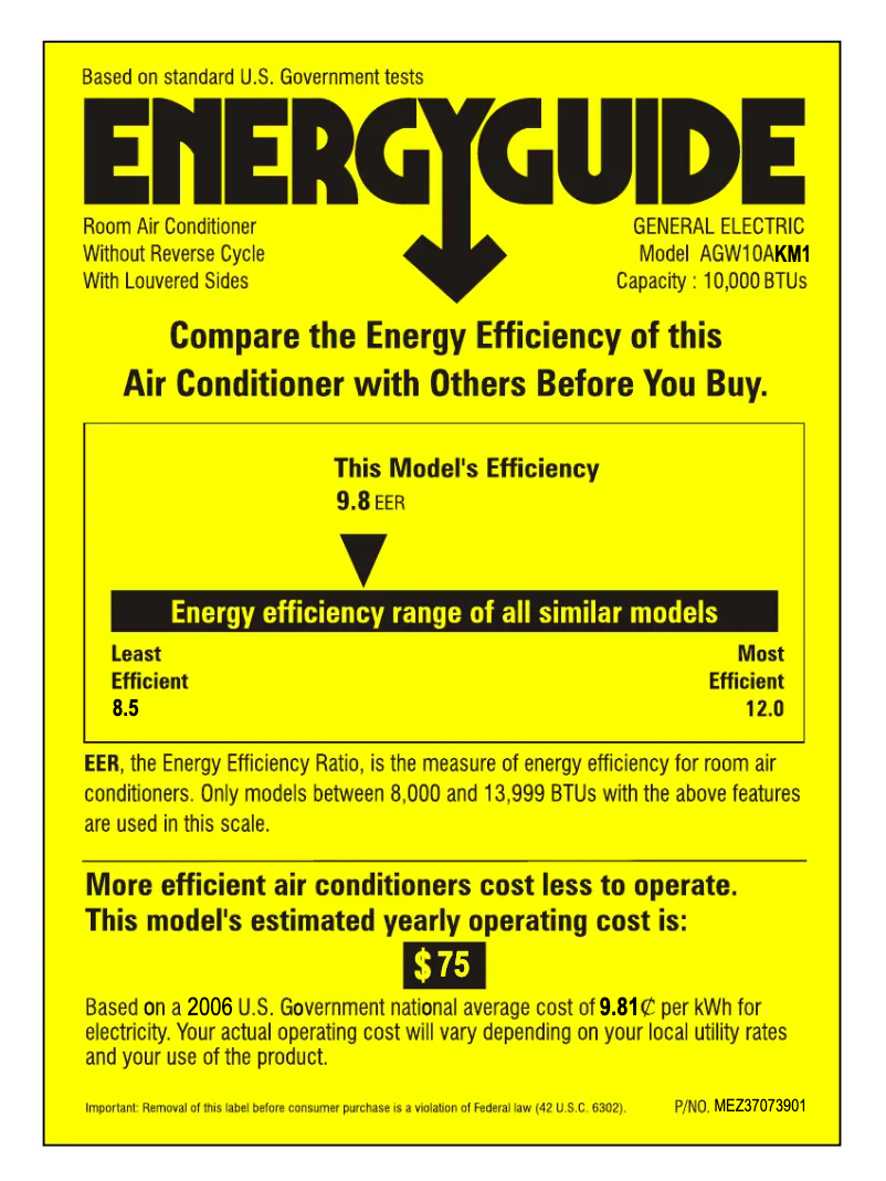 Page 1 de la notice Label énergétique GE AGW10AK