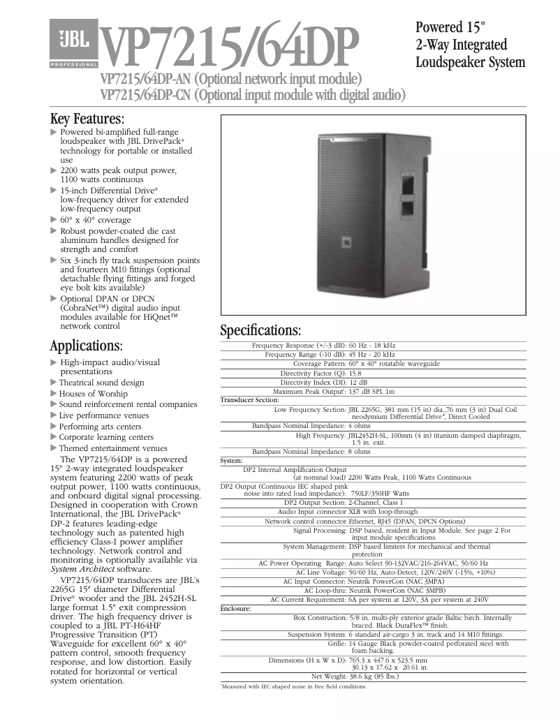 Page n°1 - Fiche technique JBL VP7215/64DP