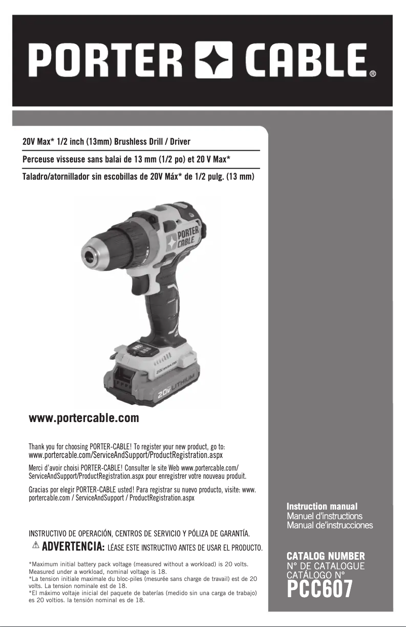 Page 1 de la notice Manuel utilisateur Porter-Cable PCCK607