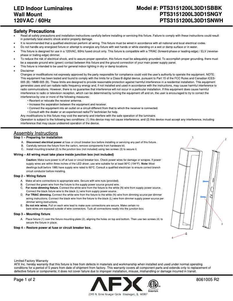 Page n°1 - Manuel utilisateur AFX Post PTS3151200L30D1SBBK