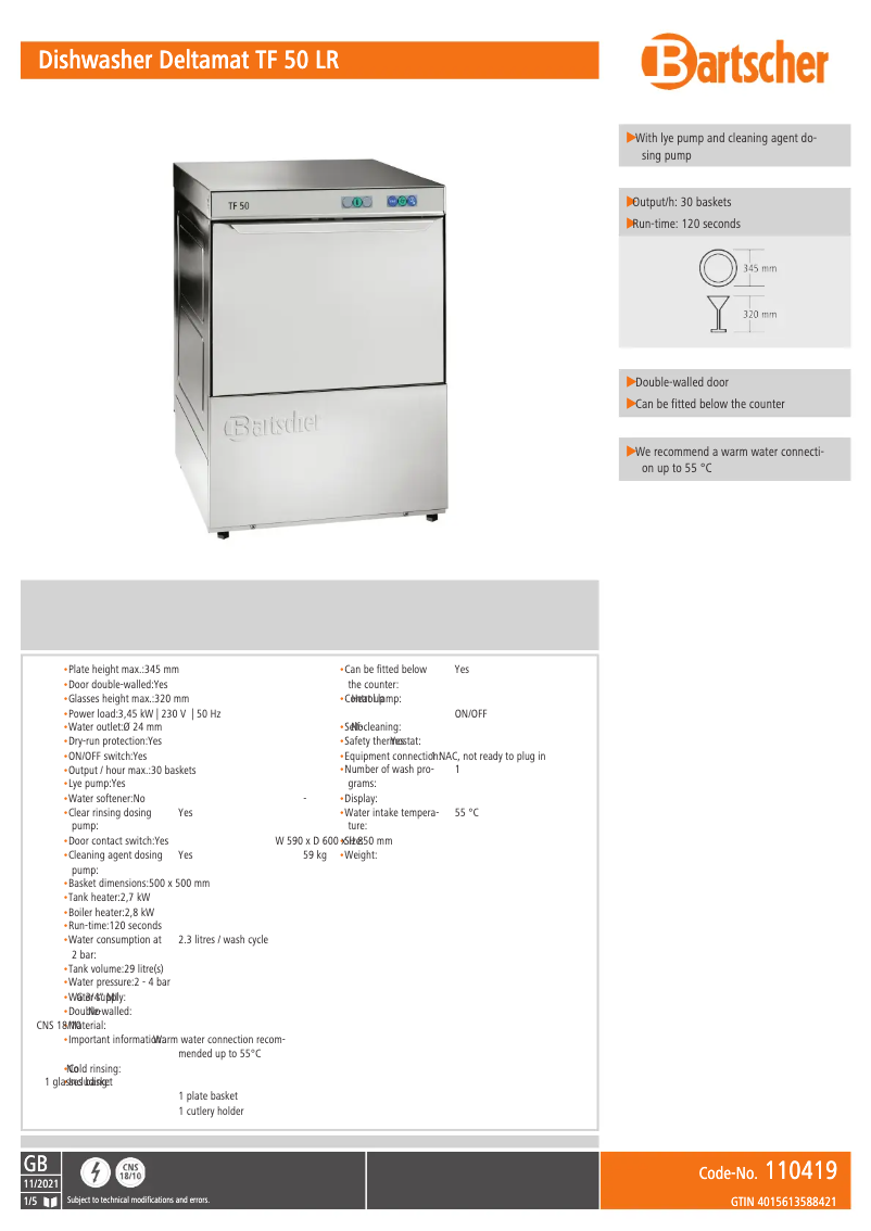 Página 1 del manual Ficha técnica Bartscher Deltamat TF 50 LR