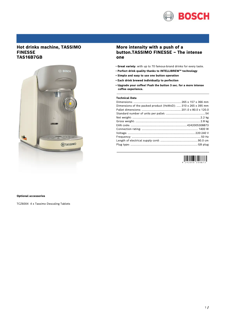 Page n°1 - Fiche technique Bosch Tassimo Finesse TAS16B7