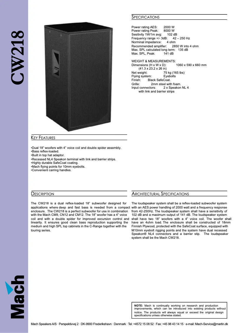 Page 1 of the manual Technical Sheet Martin Mach CW218