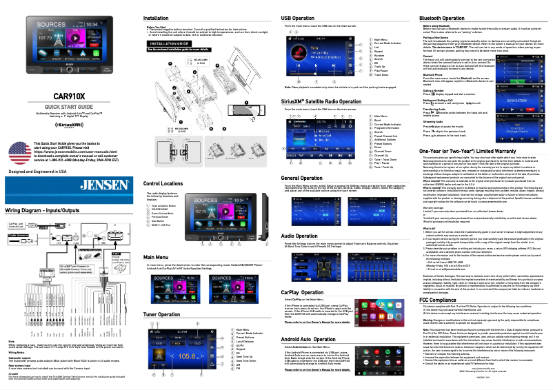 Page n°1 - Guide de démarrage rapide Jensen CAR910X