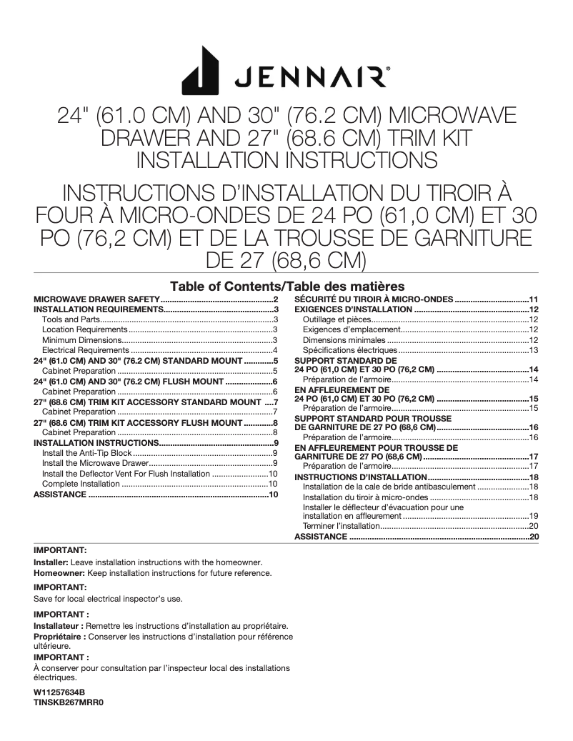 Page 1 de la notice Guide d'installation JennAir JMDFS30HM