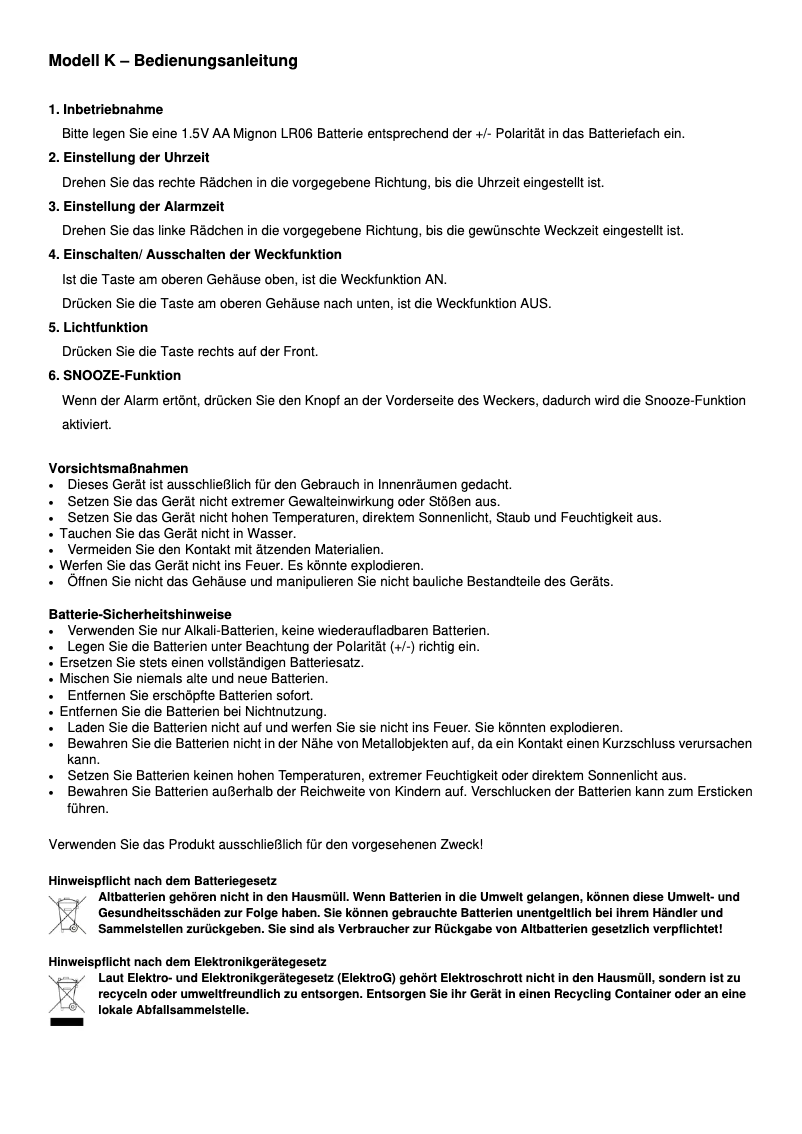 Page n°1 - Manuel utilisateur Techno Line Modell K