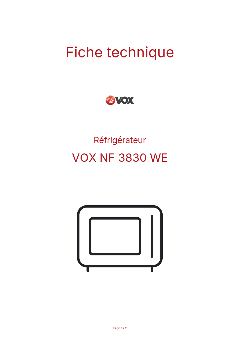 Page n°1 - Fiche technique VOX NF 3830 WE